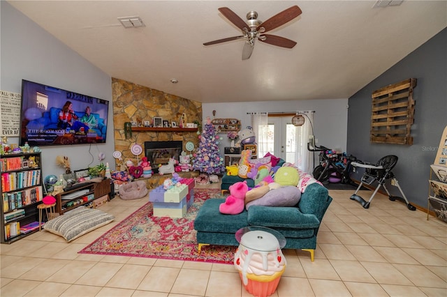 35109 Excalibur, Webster, FL 33597 - living room featuring vaulted ceiling, tile patterned floors, french doors, visible vents, and ceiling fan