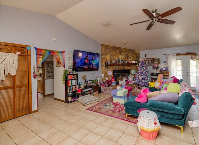 35109 Excalibur, Webster, FL 33597 - living area featuring visible vents, ceiling fan, french doors, tile patterned floors, and lofted ceiling