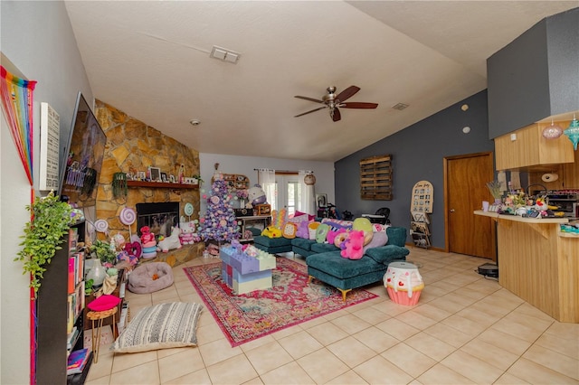 35109 Excalibur, Webster, FL 33597 - living area featuring visible vents, high vaulted ceiling, a ceiling fan, and light tile patterned flooring