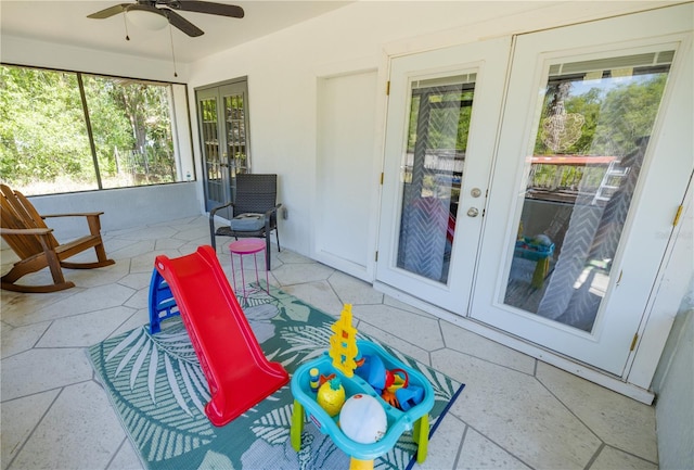 35109 Excalibur, Webster, FL 33597 - sunroom featuring french doors, ceiling fan, and a healthy amount of sunlight