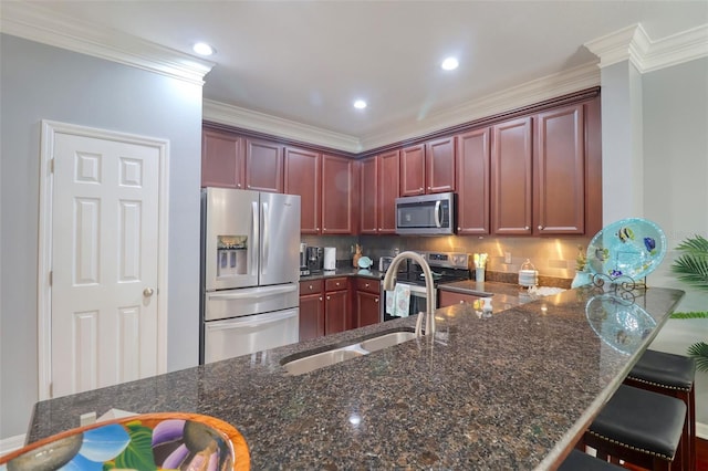 1023 Orca Ct, Holiday, FL 34691 - kitchen with dark brown cabinets, stainless steel appliances, a sink, and ornamental molding
