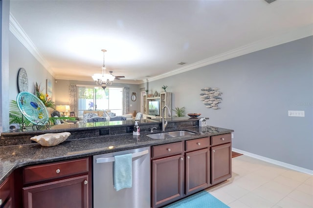1023 Orca Ct, Holiday, FL 34691 - kitchen featuring an inviting chandelier, dark brown cabinets, dishwasher, a sink, and open floor plan