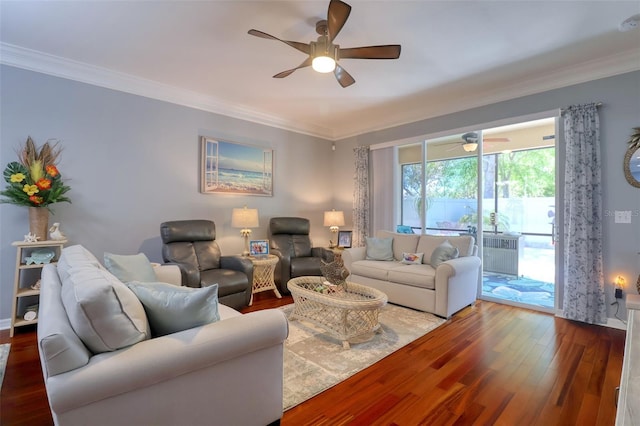 1023 Orca Ct, Holiday, FL 34691 - living area with ornamental molding, a ceiling fan, and wood finished floors