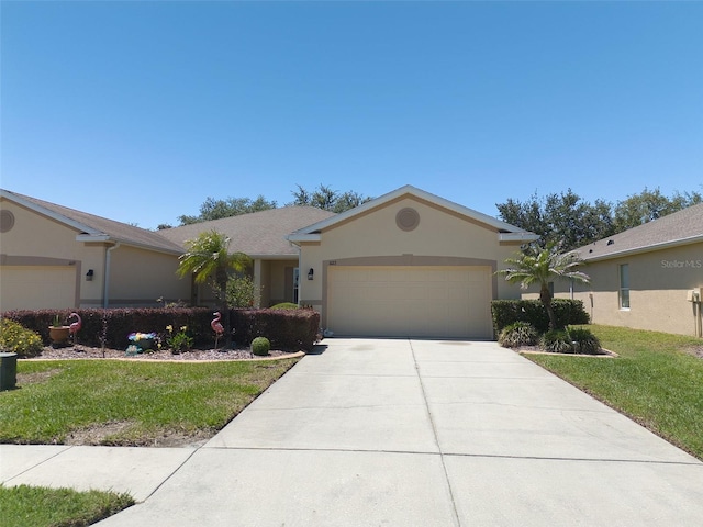 1023 Orca Ct, Holiday, FL 34691 - ranch-style house with stucco siding, a front lawn, driveway, and a garage