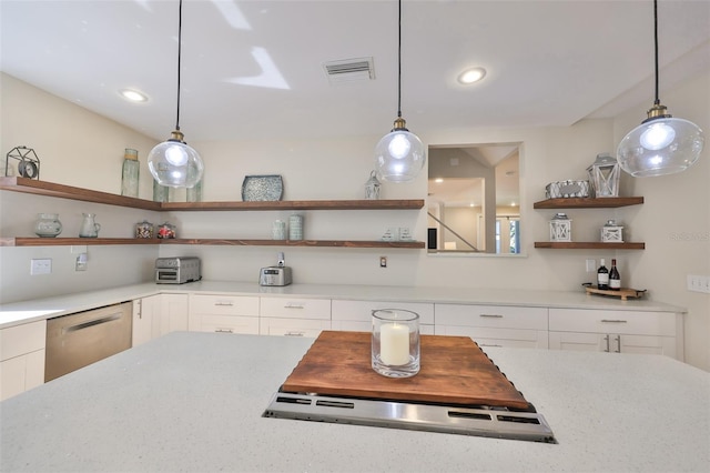 2802 Old Bayshore Way, Tampa, FL 33611 - kitchen featuring open shelves, dishwasher, white cabinetry, pendant lighting, and recessed lighting