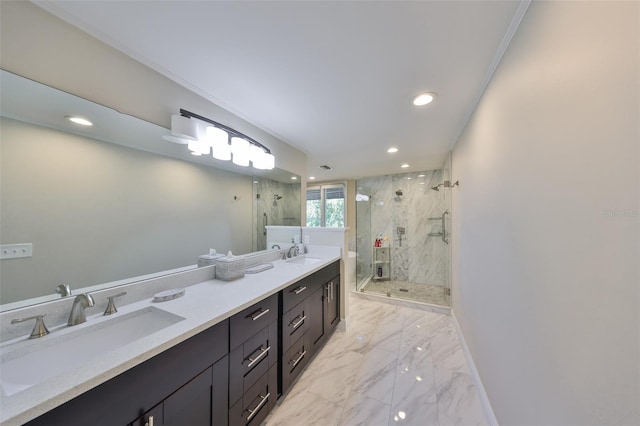 2802 Old Bayshore Way, Tampa, FL 33611 - full bathroom featuring marble finish flooring, a marble finish shower, double vanity, recessed lighting, and baseboards