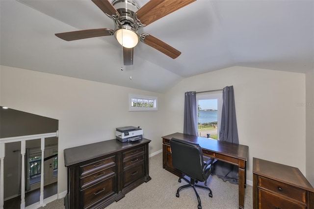 2802 Old Bayshore Way, Tampa, FL 33611 - office with vaulted ceiling, a ceiling fan, light carpet, and baseboards