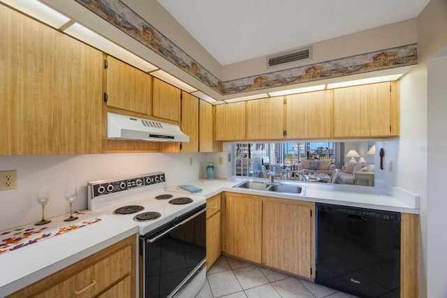 6357 Bahia Del Mar Blvd Unit 111, Saint Petersburg, FL 33715 - kitchen with visible vents, a sink, under cabinet range hood, white electric range oven, and black dishwasher