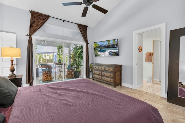 bedroom featuring high vaulted ceiling, a ceiling fan, stone tile flooring, baseboards, and access to outside