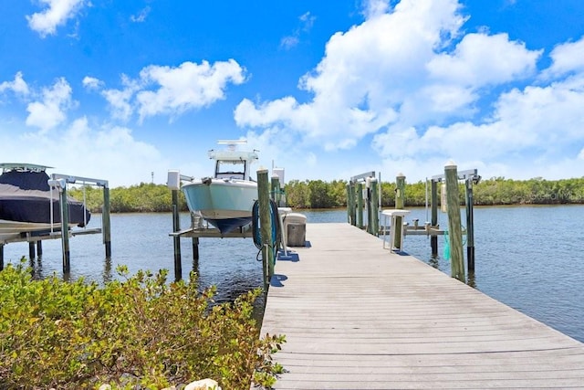 view of dock featuring boat lift and a water view