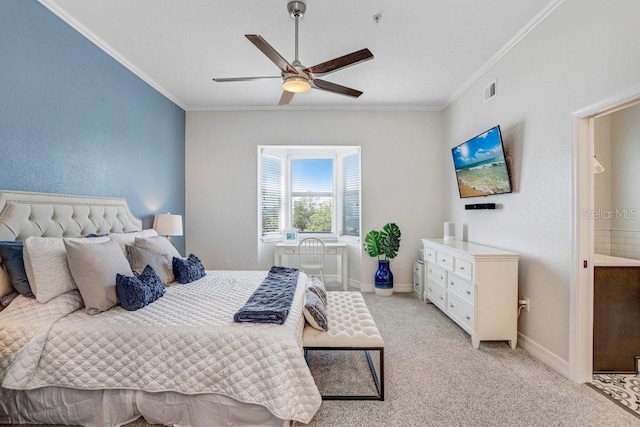 bedroom with crown molding, a ceiling fan, visible vents, baseboards, and light colored carpet