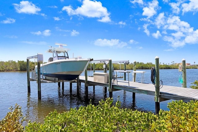 view of dock featuring a water view and boat lift