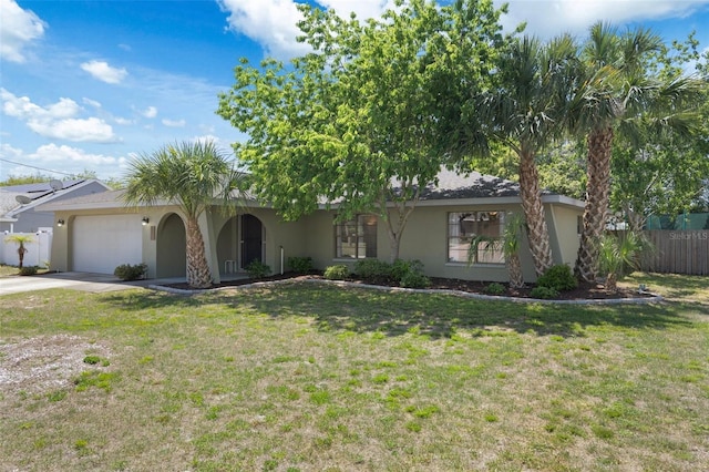 ranch-style house with stucco siding, a front lawn, fence, and driveway