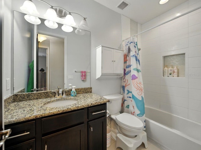 full bath featuring visible vents, shower / tub combo, toilet, and vanity