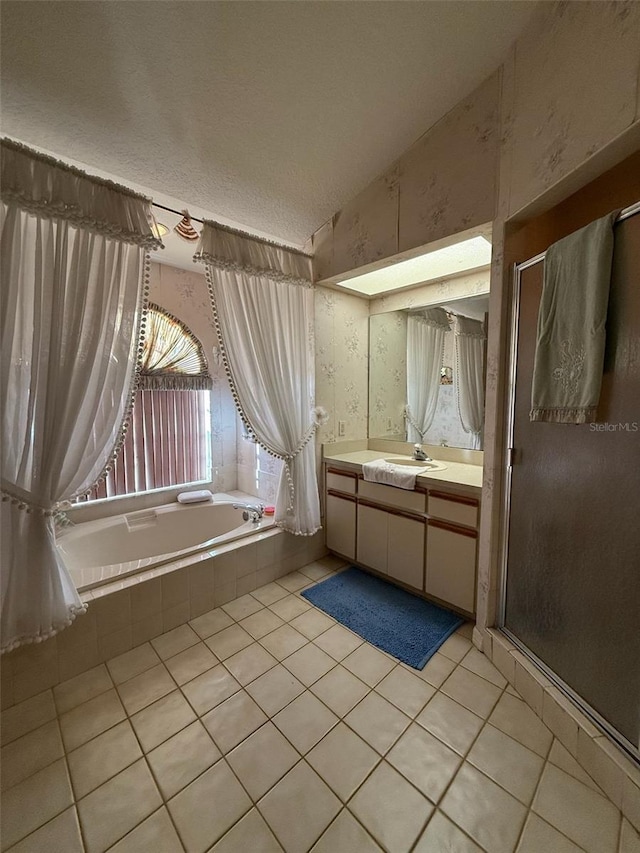1695 Stable Trl, Palm Harbor, FL 34685 - full bathroom featuring tile patterned floors, a shower stall, lofted ceiling, and vanity