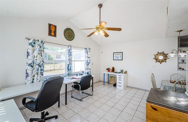 7420 Cay Dr, Port Richey, FL 34668 - office space with light tile patterned floors, high vaulted ceiling, and a ceiling fan