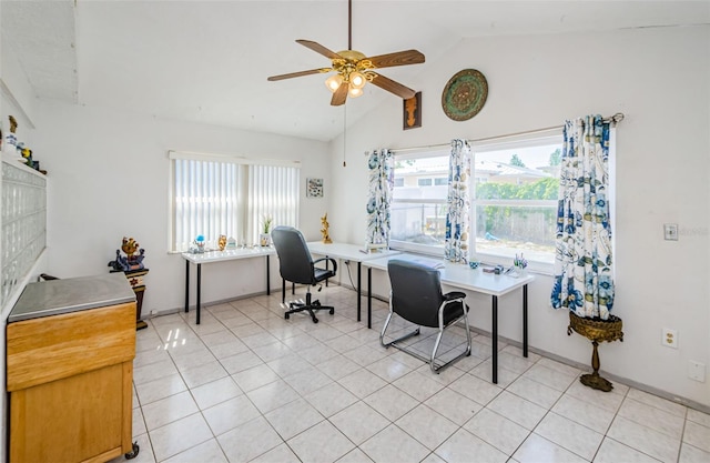 7420 Cay Dr, Port Richey, FL 34668 - office featuring a ceiling fan, light tile patterned floors, and vaulted ceiling