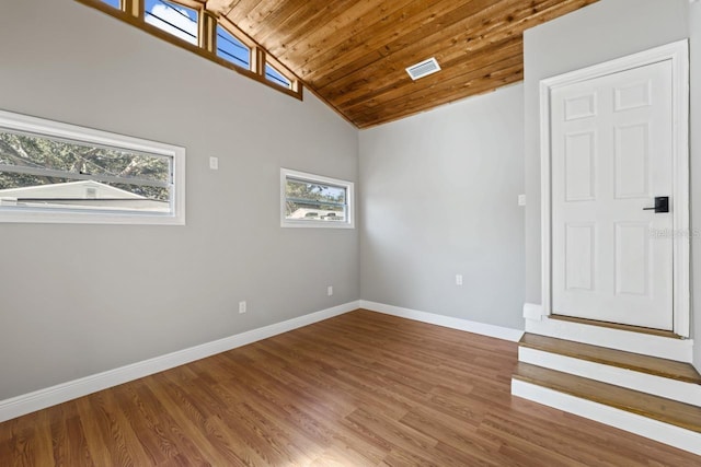 3600 46th St N, Saint Petersburg, FL 33713 - empty room featuring high vaulted ceiling, baseboards, wood finished floors, visible vents, and wood ceiling