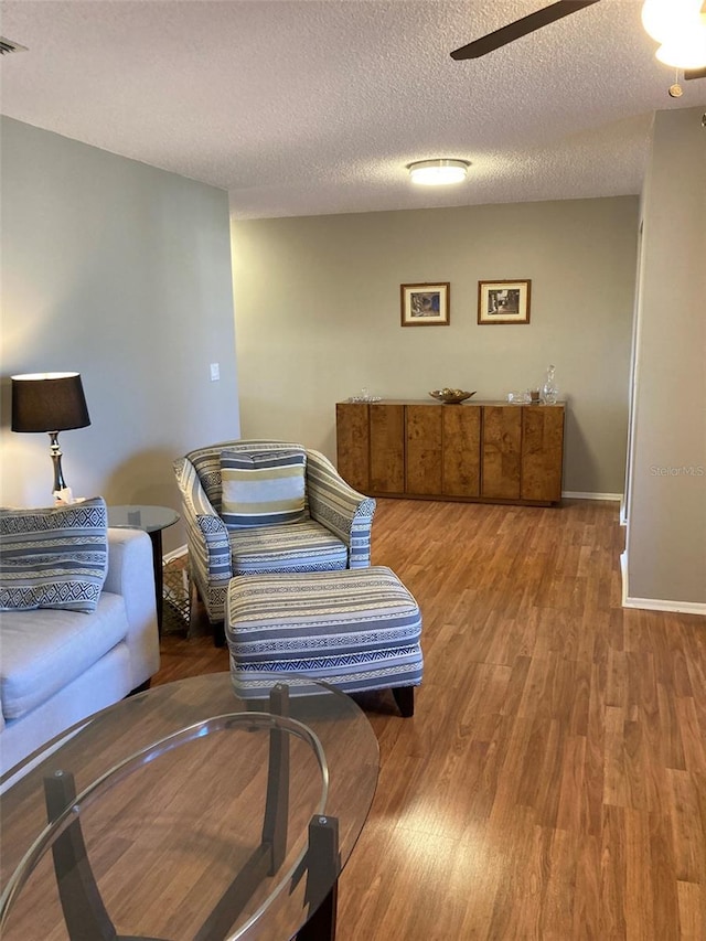 living room featuring wood finished floors, a textured ceiling, and baseboards