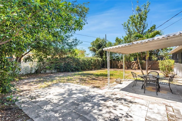 view of patio with a fenced backyard and outdoor dining space