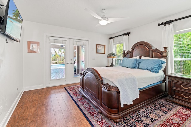 bedroom with wood finished floors, french doors, baseboards, access to outside, and ceiling fan