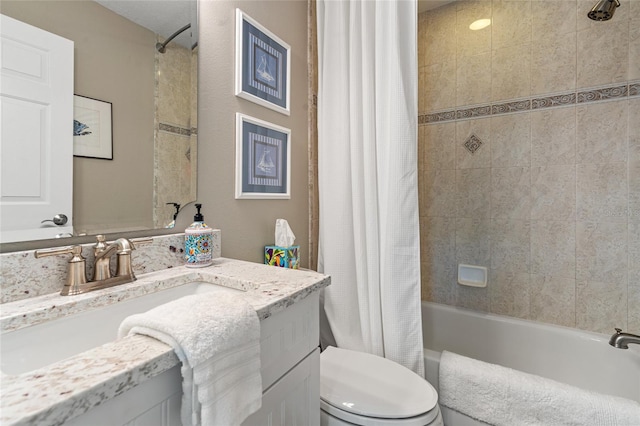 bathroom with toilet, vanity, and shower / tub combo with curtain