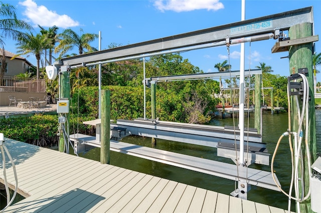 view of dock with a water view and boat lift