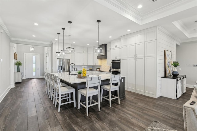 dining space with crown molding, baseboards, and dark wood-style flooring