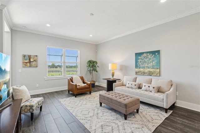 living area with wood finished floors, crown molding, and baseboards