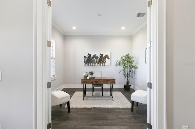 office space with recessed lighting, dark wood-style floors, visible vents, ornamental molding, and baseboards