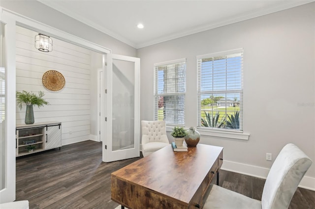 office space featuring recessed lighting, ornamental molding, french doors, dark wood-type flooring, and baseboards