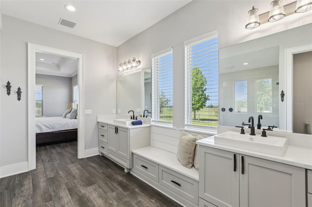 bathroom featuring two vanities, wood finished floors, visible vents, and a sink