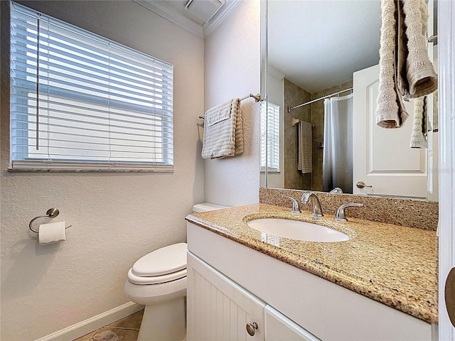 bathroom featuring vanity, tile patterned floors, toilet, a textured wall, and a shower with shower curtain