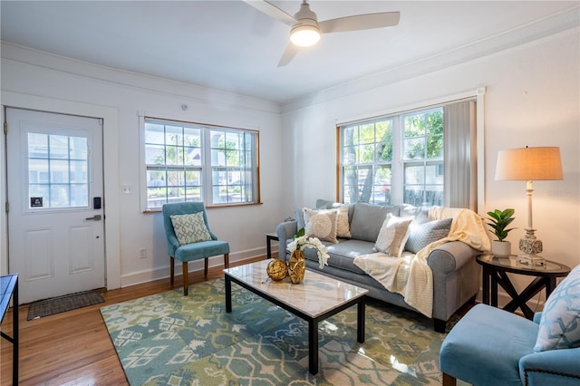 56 W Park St, Tarpon Springs, FL 34689 - living room featuring wood finished floors, a healthy amount of sunlight, ornamental molding, and ceiling fan