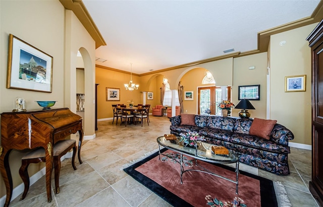 2042 Diamond Ct, Oldsmar, FL 34677 - living area featuring an inviting chandelier, baseboards, arched walkways, and crown molding