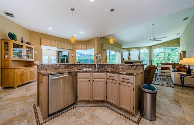 2042 Diamond Ct, Oldsmar, FL 34677 - kitchen featuring dishwasher, visible vents, a sink, a kitchen island with sink, and open floor plan