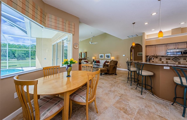 2042 Diamond Ct, Oldsmar, FL 34677 - dining room featuring arched walkways, visible vents, baseboards, recessed lighting, and a ceiling fan