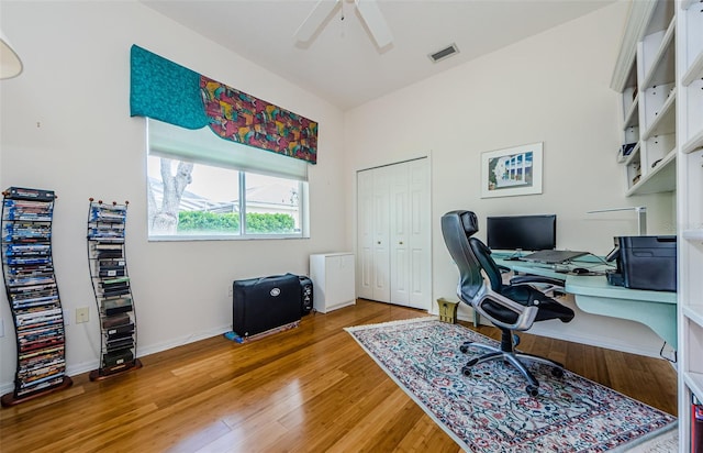 2042 Diamond Ct, Oldsmar, FL 34677 - office area featuring light wood-style floors, visible vents, baseboards, and ceiling fan
