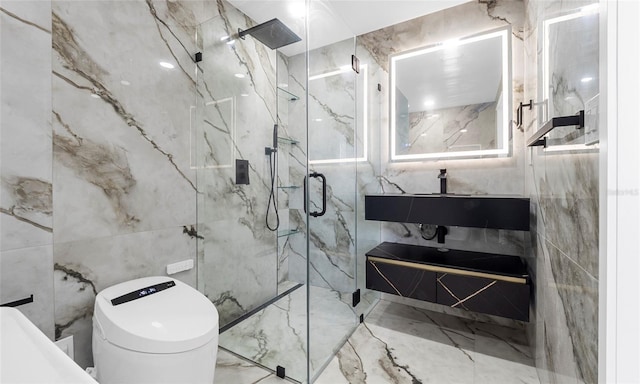 full bathroom featuring toilet, tile walls, a marble finish shower, and marble finish floor