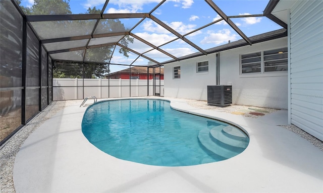 view of pool with a fenced in pool, a patio, cooling unit, and a lanai