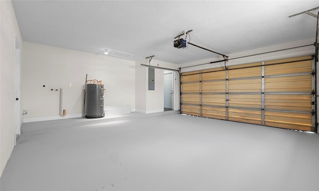 garage featuring water heater, baseboards, a garage door opener, and electric panel