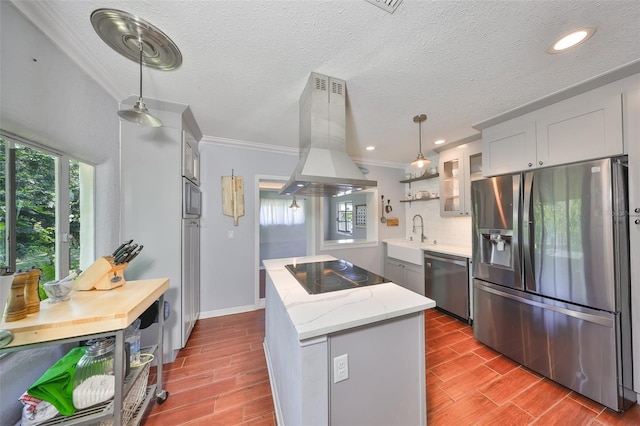 10824 Palmetto St, Riverview, FL 33569 - kitchen featuring appliances with stainless steel finishes, island exhaust hood, a center island, crown molding, and a sink
