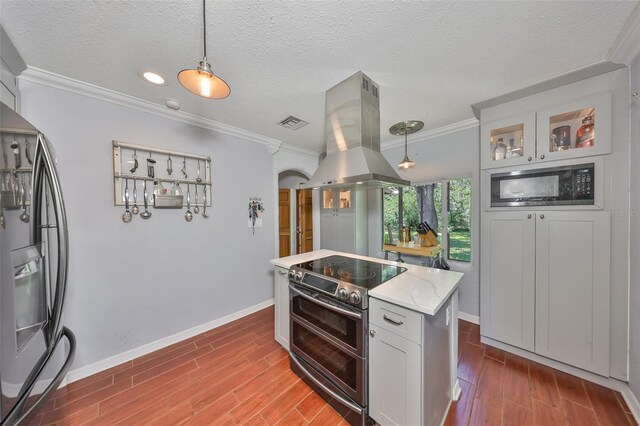 10824 Palmetto St, Riverview, FL 33569 - kitchen with island exhaust hood, stainless steel appliances, ornamental molding, wood finished floors, and pendant lighting
