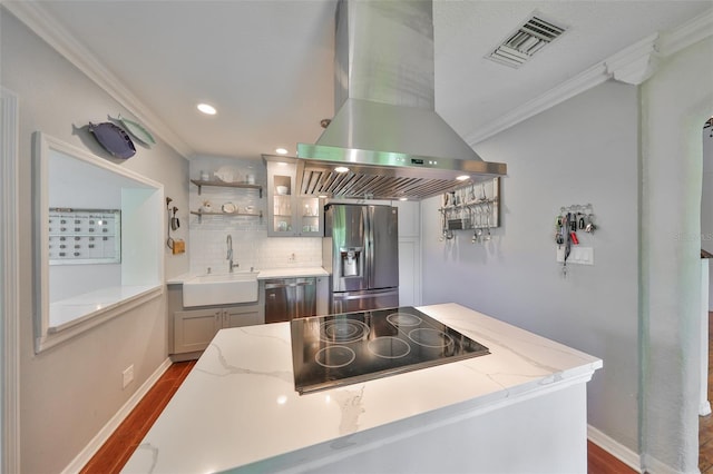 10824 Palmetto St, Riverview, FL 33569 - kitchen with island range hood, appliances with stainless steel finishes, ornamental molding, a sink, and decorative backsplash