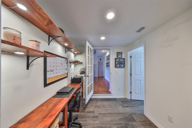 10824 Palmetto St, Riverview, FL 33569 - office area with french doors, recessed lighting, baseboards, and dark wood-style flooring