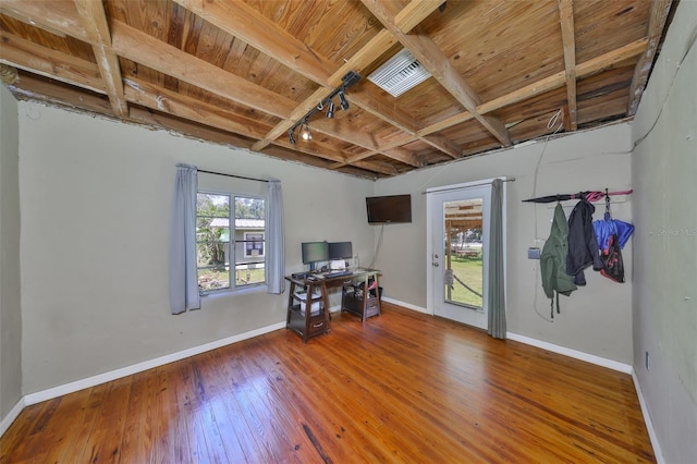 10824 Palmetto St, Riverview, FL 33569 - interior space featuring hardwood / wood-style floors, baseboards, wooden ceiling, an office area, and beam ceiling