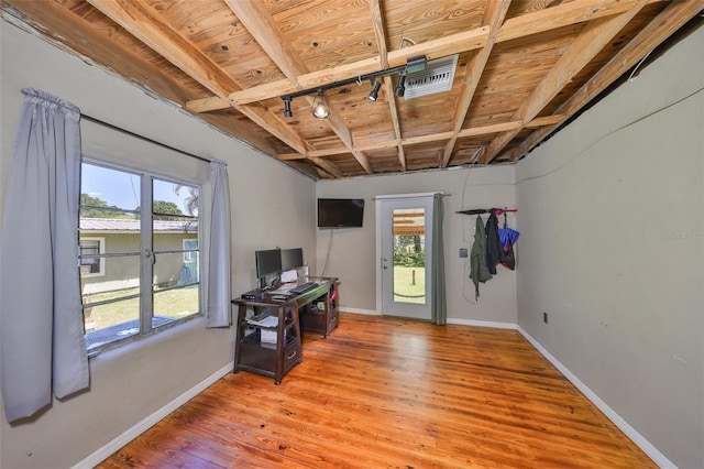 10824 Palmetto St, Riverview, FL 33569 - office with wood ceiling, healthy amount of natural light, baseboards, light wood-style floors, and track lighting