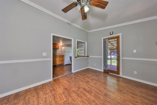 10824 Palmetto St, Riverview, FL 33569 - empty room featuring a ceiling fan, ornamental molding, dark wood finished floors, and baseboards
