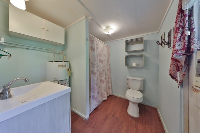 10824 Palmetto St, Riverview, FL 33569 - bathroom featuring water heater, wood finished floors, toilet, baseboards, and vanity