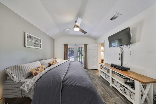 10824 Palmetto St, Riverview, FL 33569 - bedroom featuring dark wood-style flooring, access to outside, vaulted ceiling, french doors, and ceiling fan